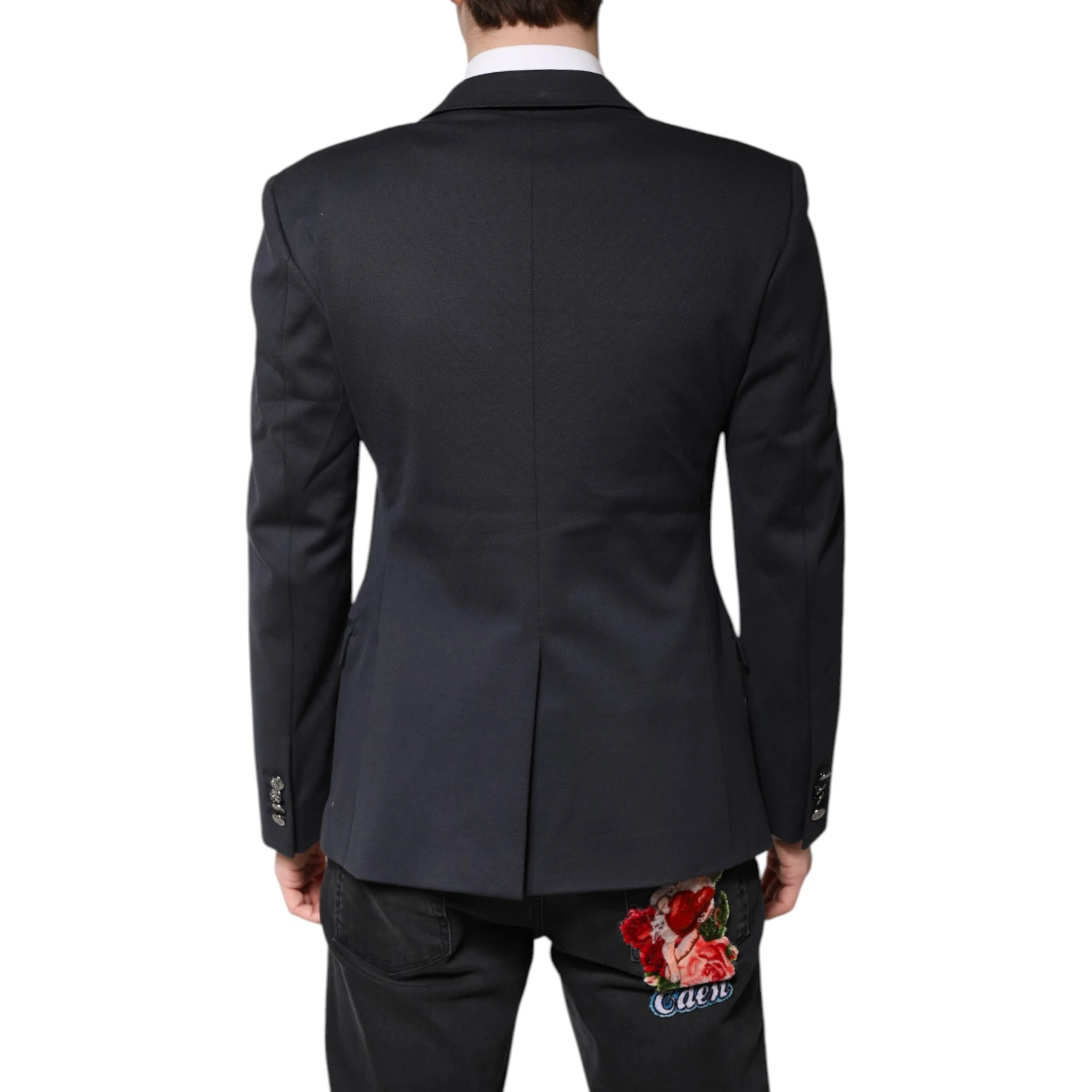 Dark Blue Cotton Men Jacket Coat Suit Blazer