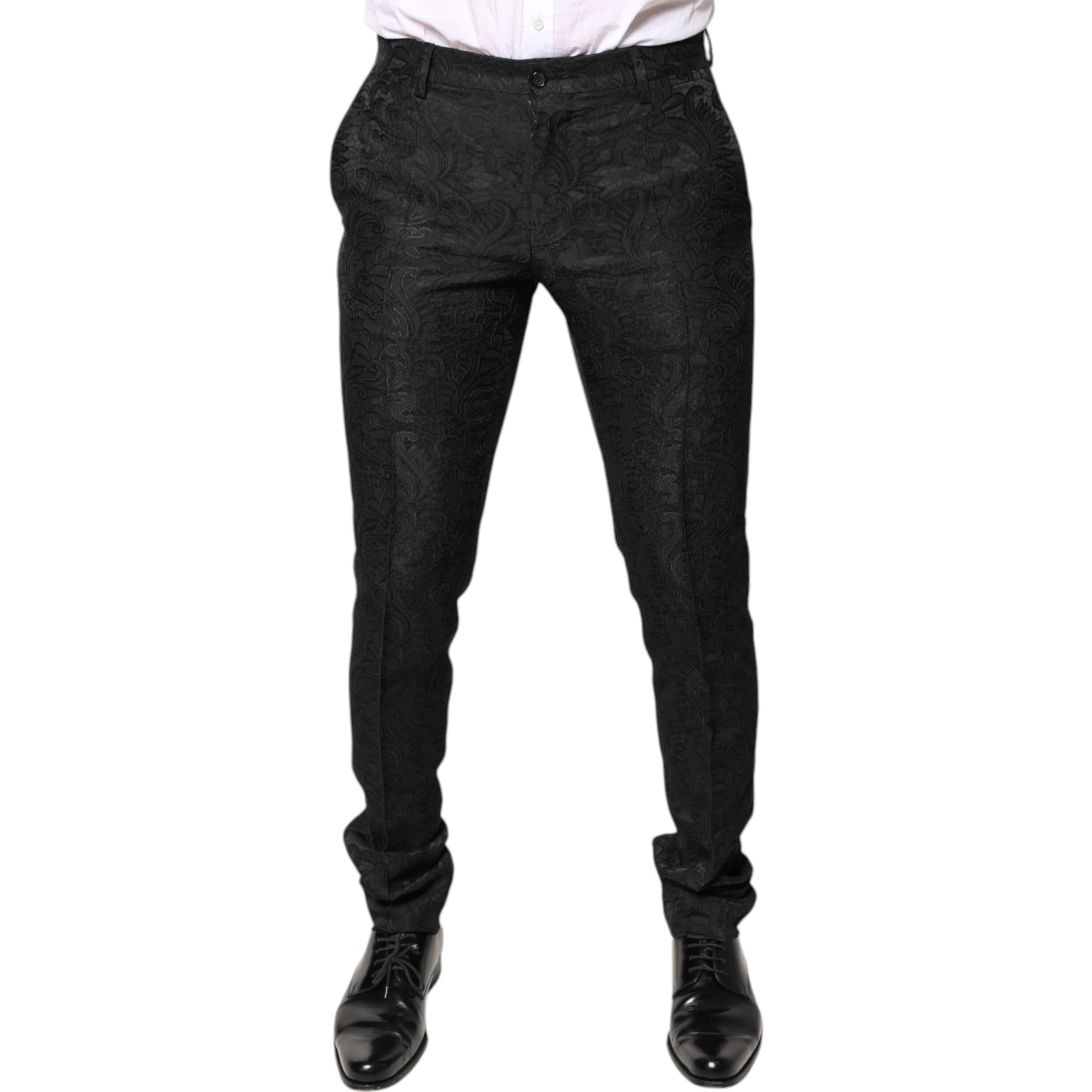 Black Floral Jacquard Mid Waist Dress Pants