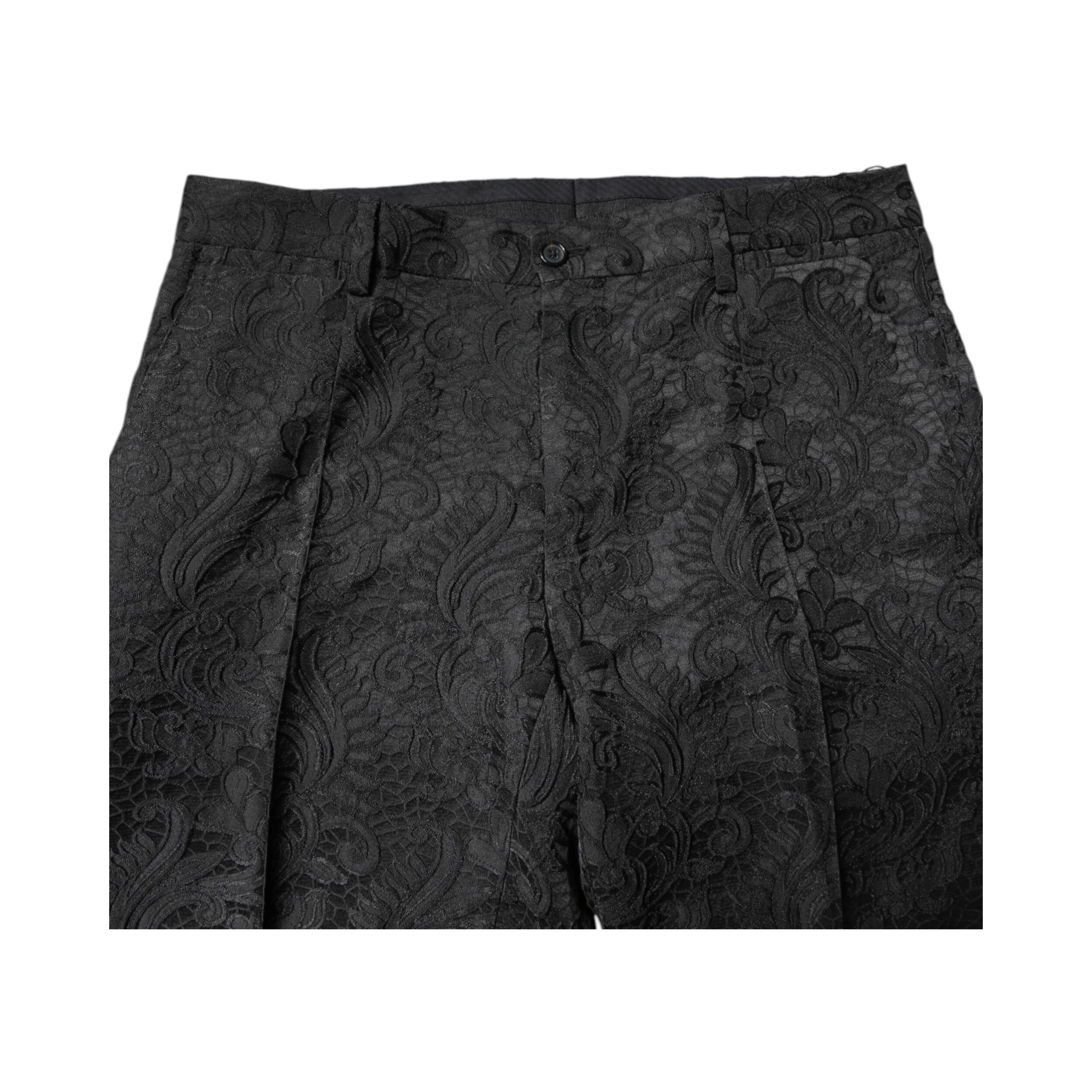Black Floral Jacquard Mid Waist Dress Pants