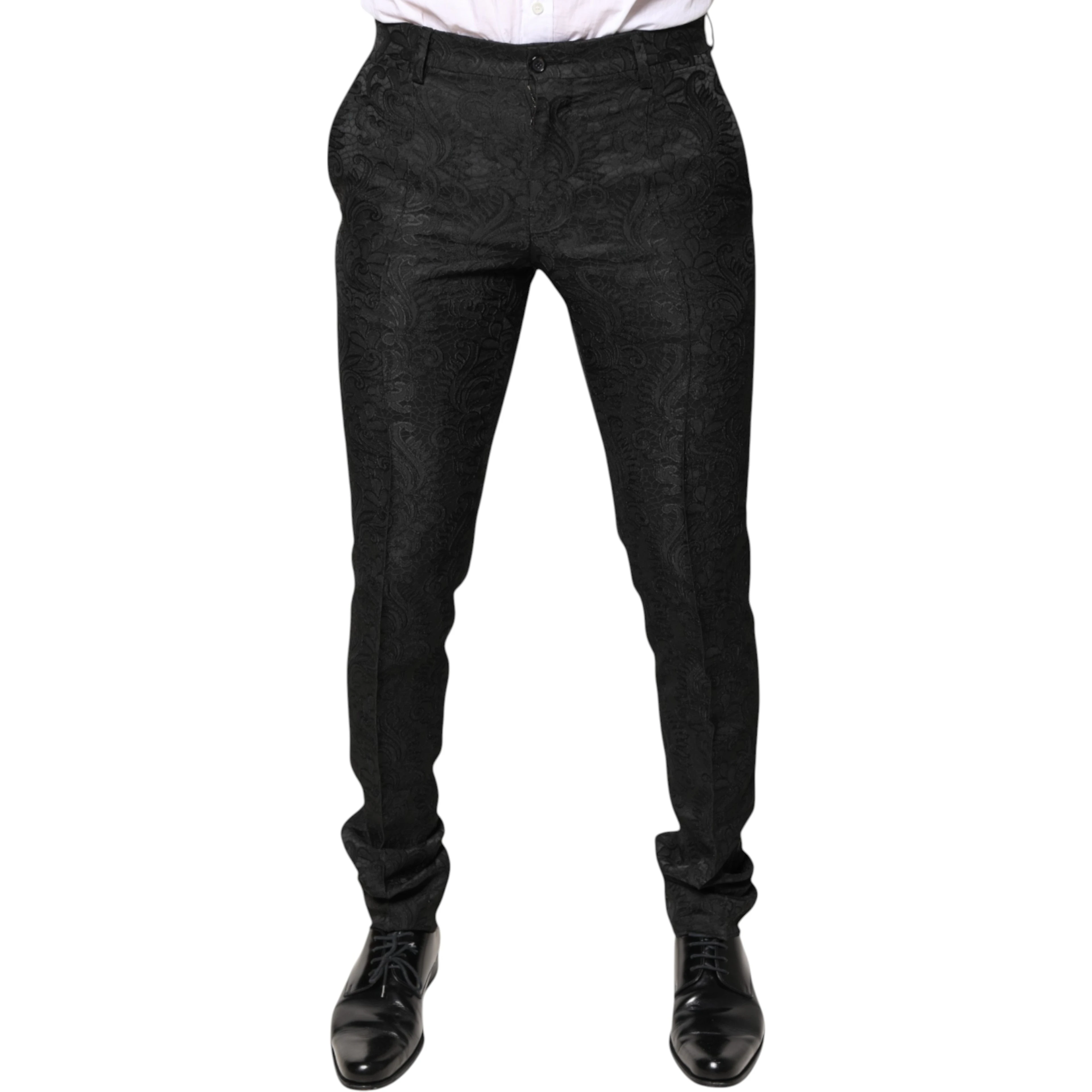 Black Floral Jacquard Mid Waist Dress Pants