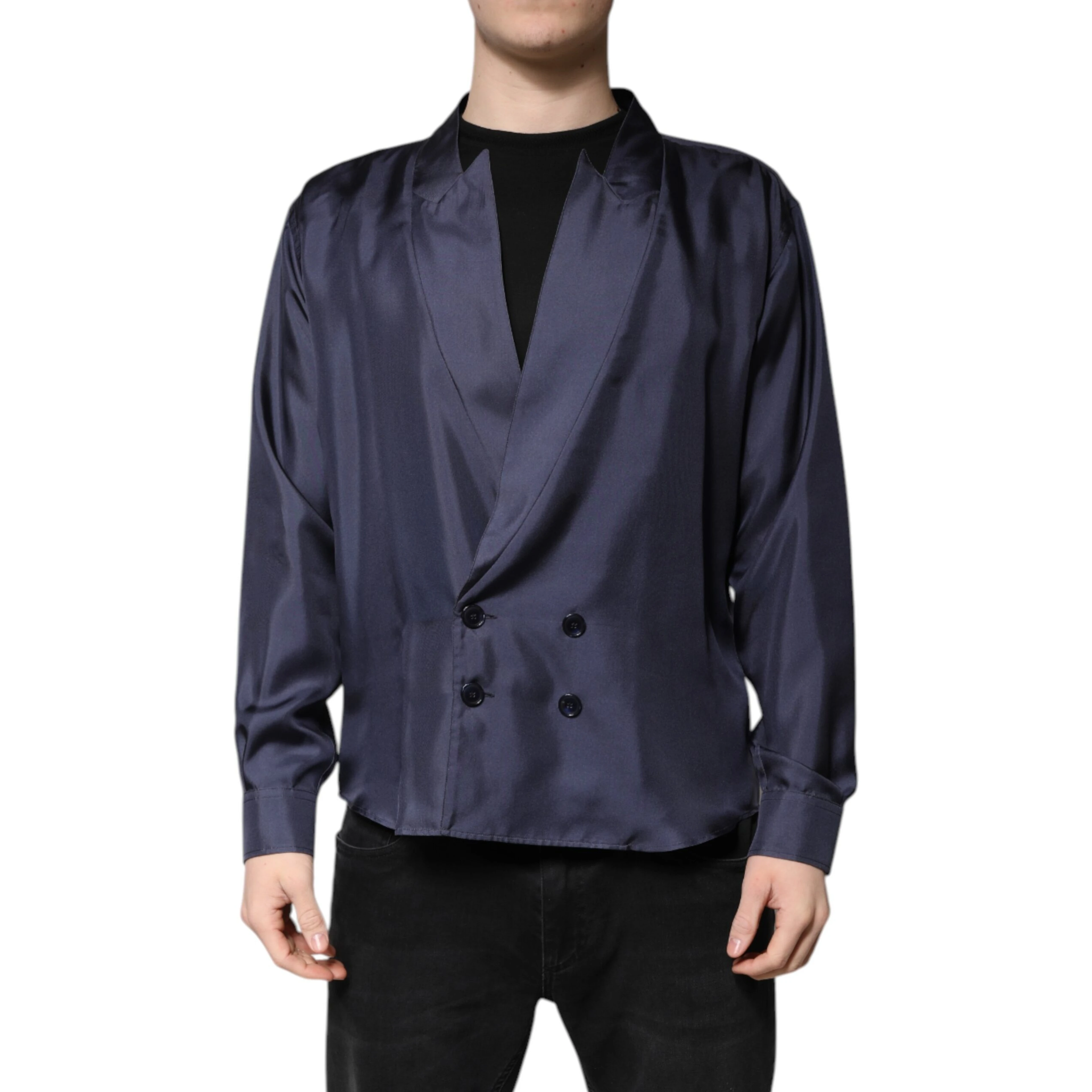Dark Blue Silk Double Breasted Shirt