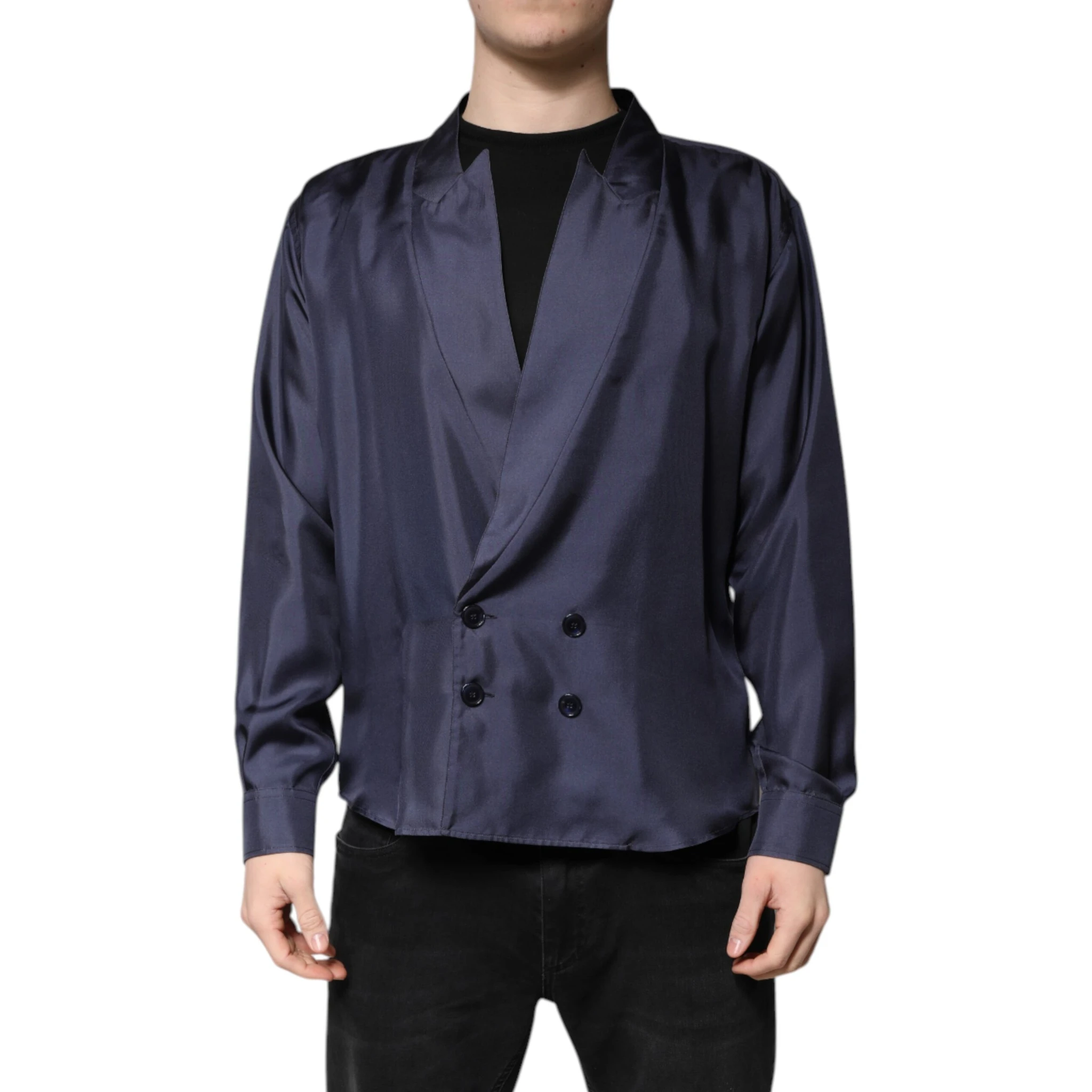 Dark Blue Silk Double Breasted Shirt