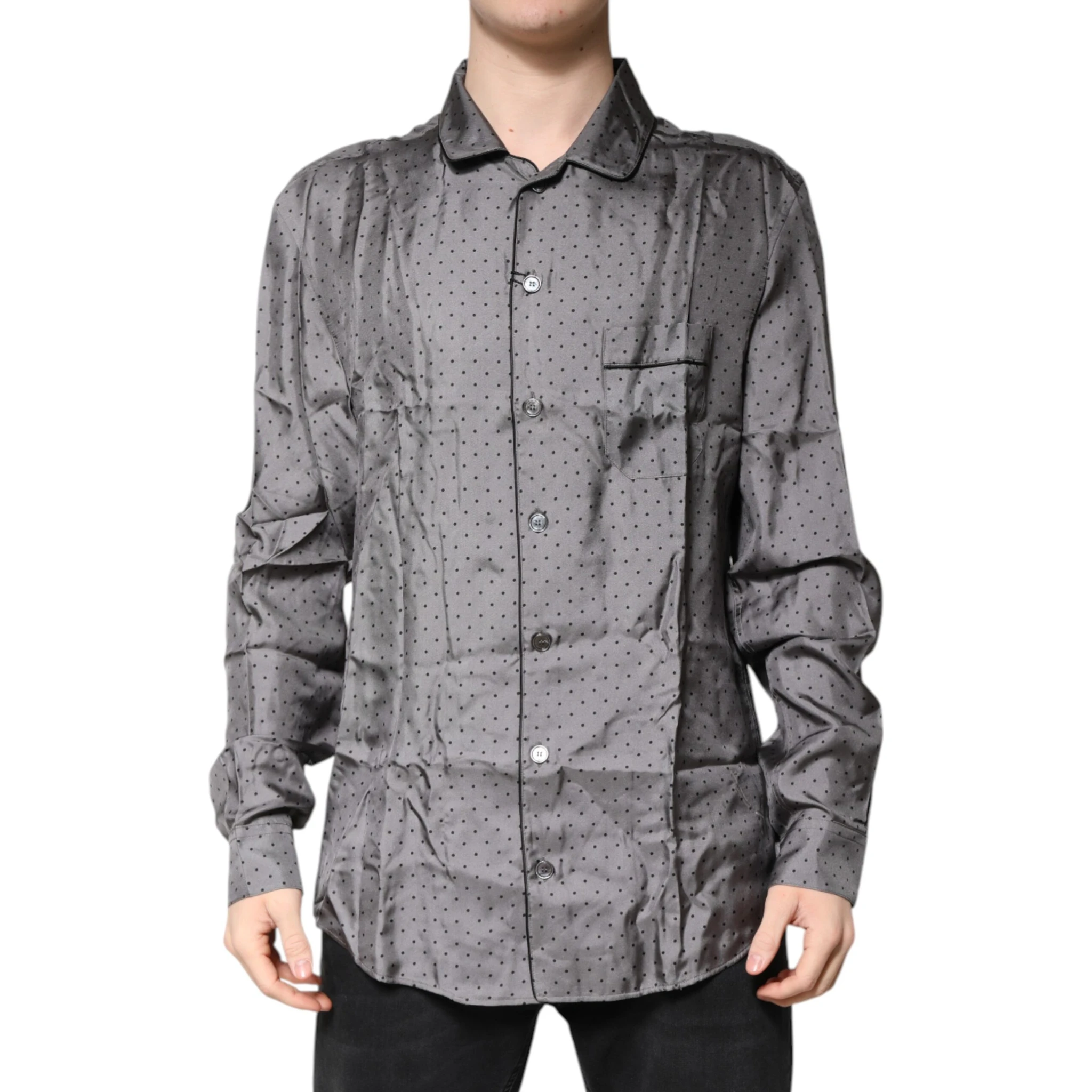 Gray Polka Dot Silk Long Sleeve Shirt