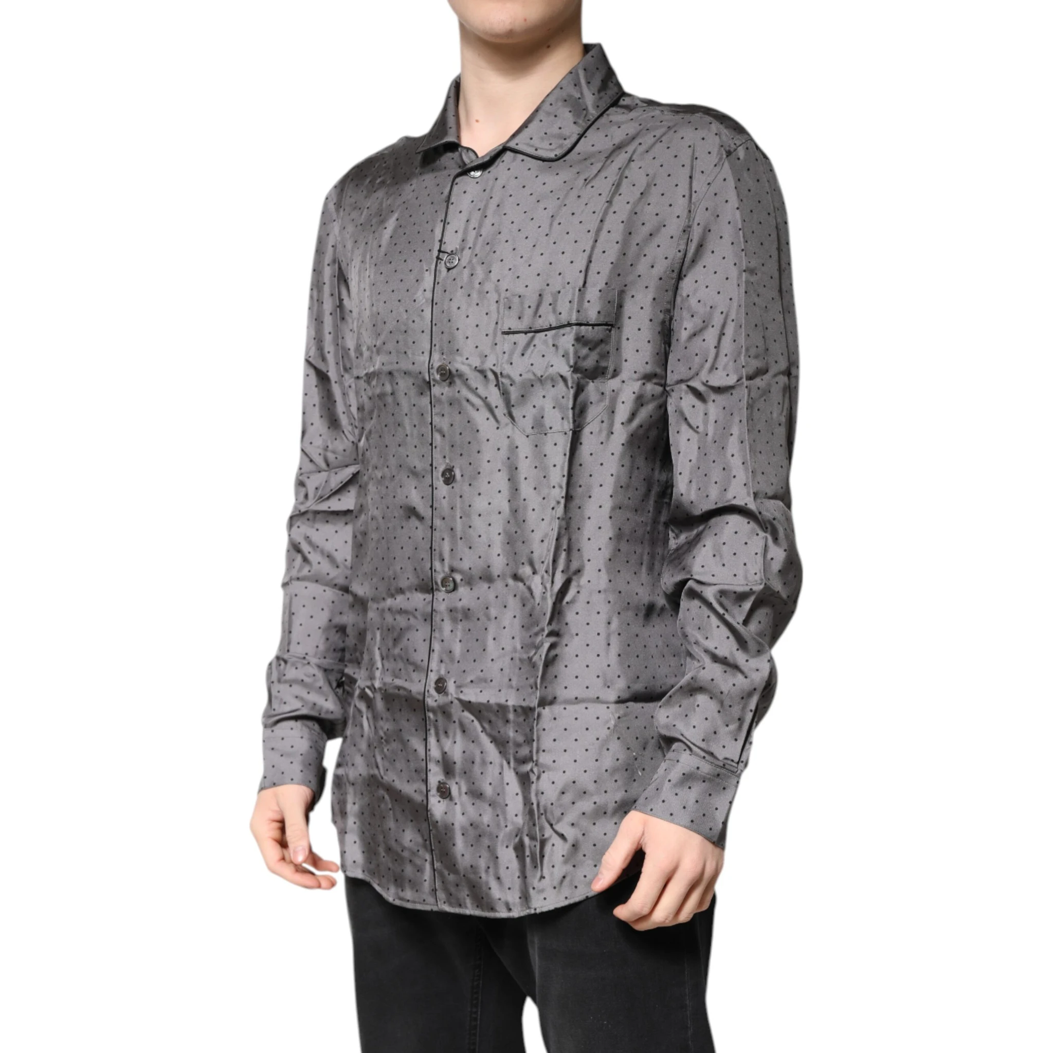 Gray Polka Dot Silk Long Sleeve Shirt