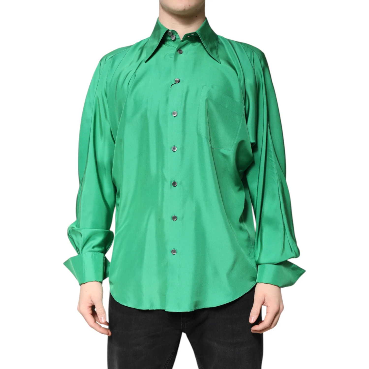 Green Silk Satin Long Sleeves Casual Shirt