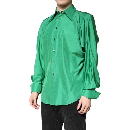 Green Silk Satin Long Sleeves Casual Shirt