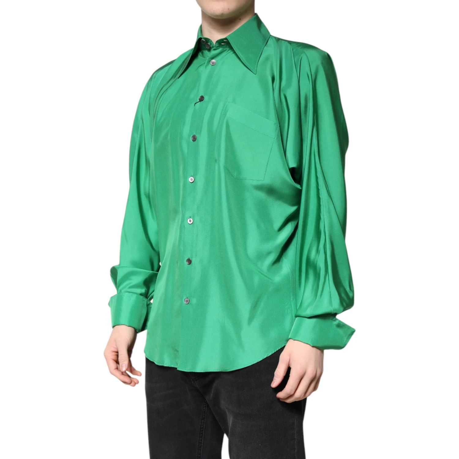 Green Silk Satin Long Sleeves Casual Shirt