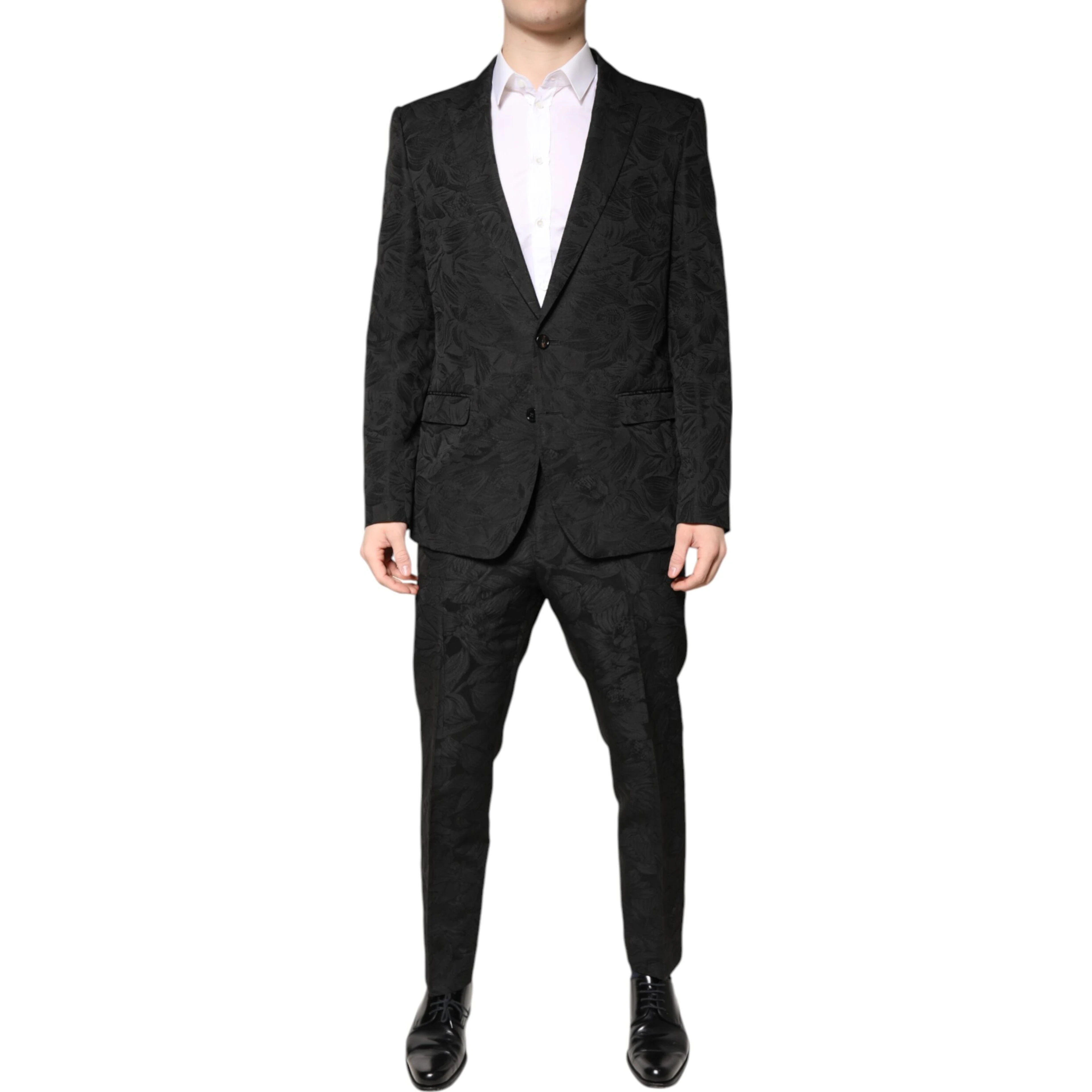 Black Polyester Floral Jacquard 2 Piece Suit