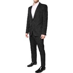 Black Polyester Floral Jacquard 2 Piece Suit
