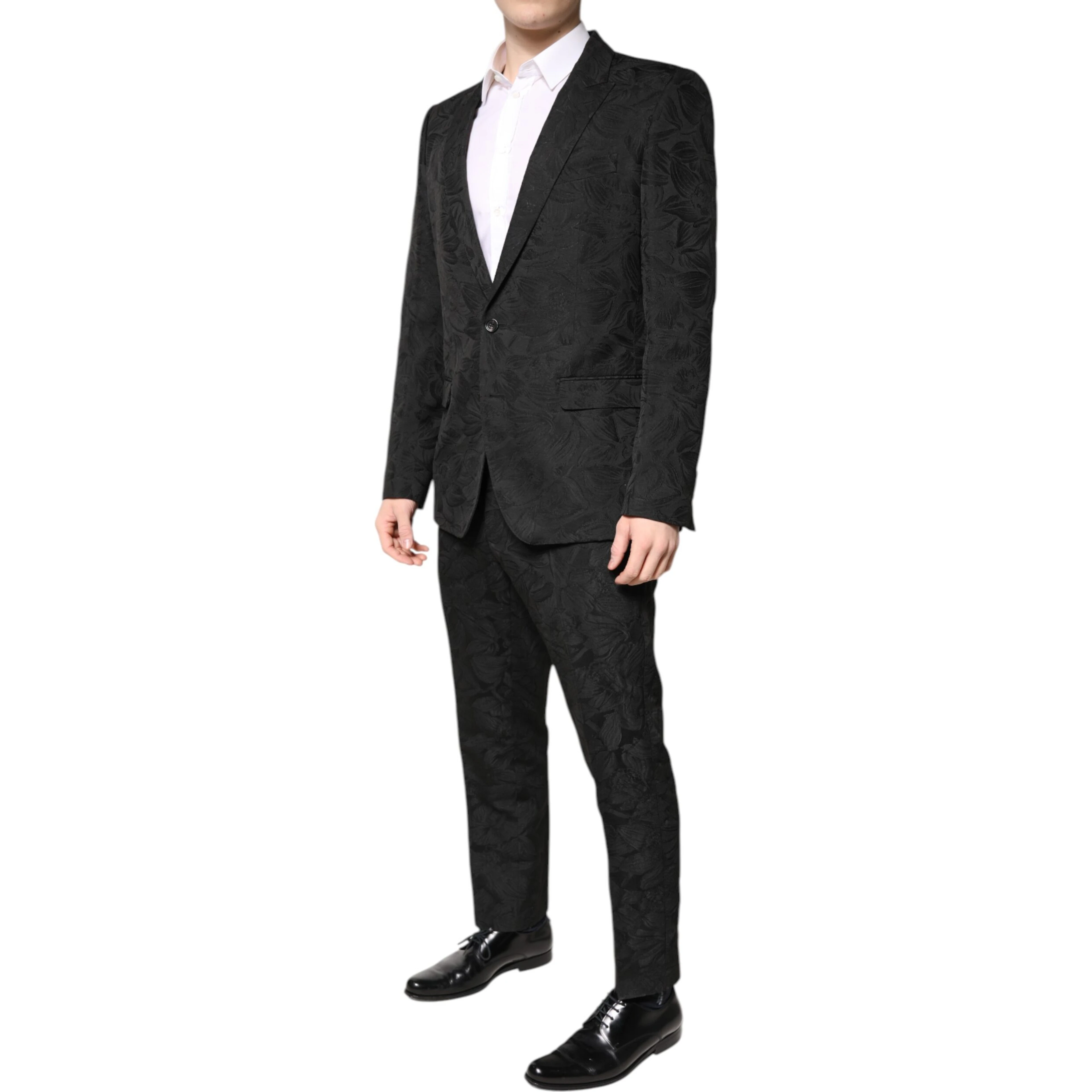 Black Polyester Floral Jacquard 2 Piece Suit