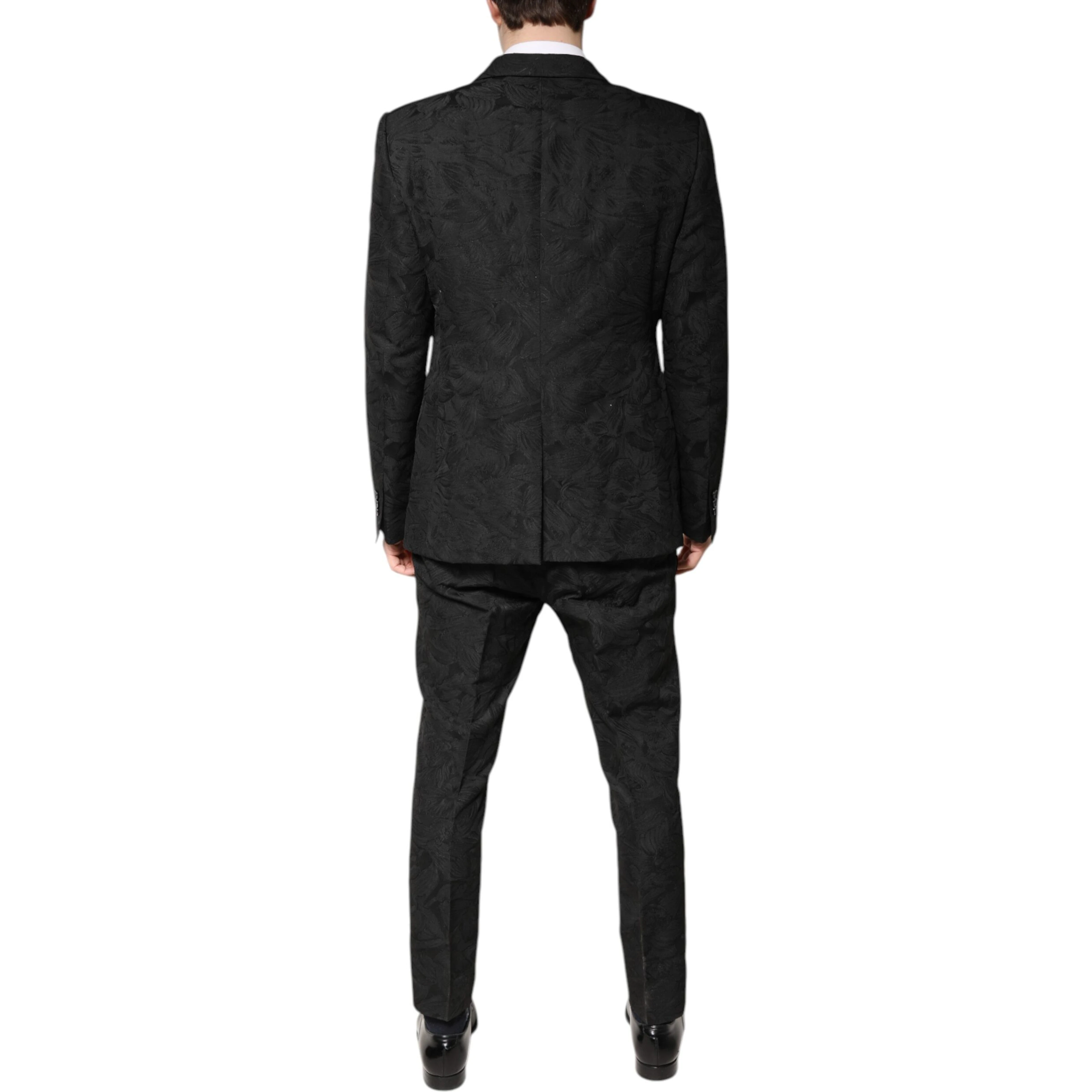 Black Polyester Floral Jacquard 2 Piece Suit