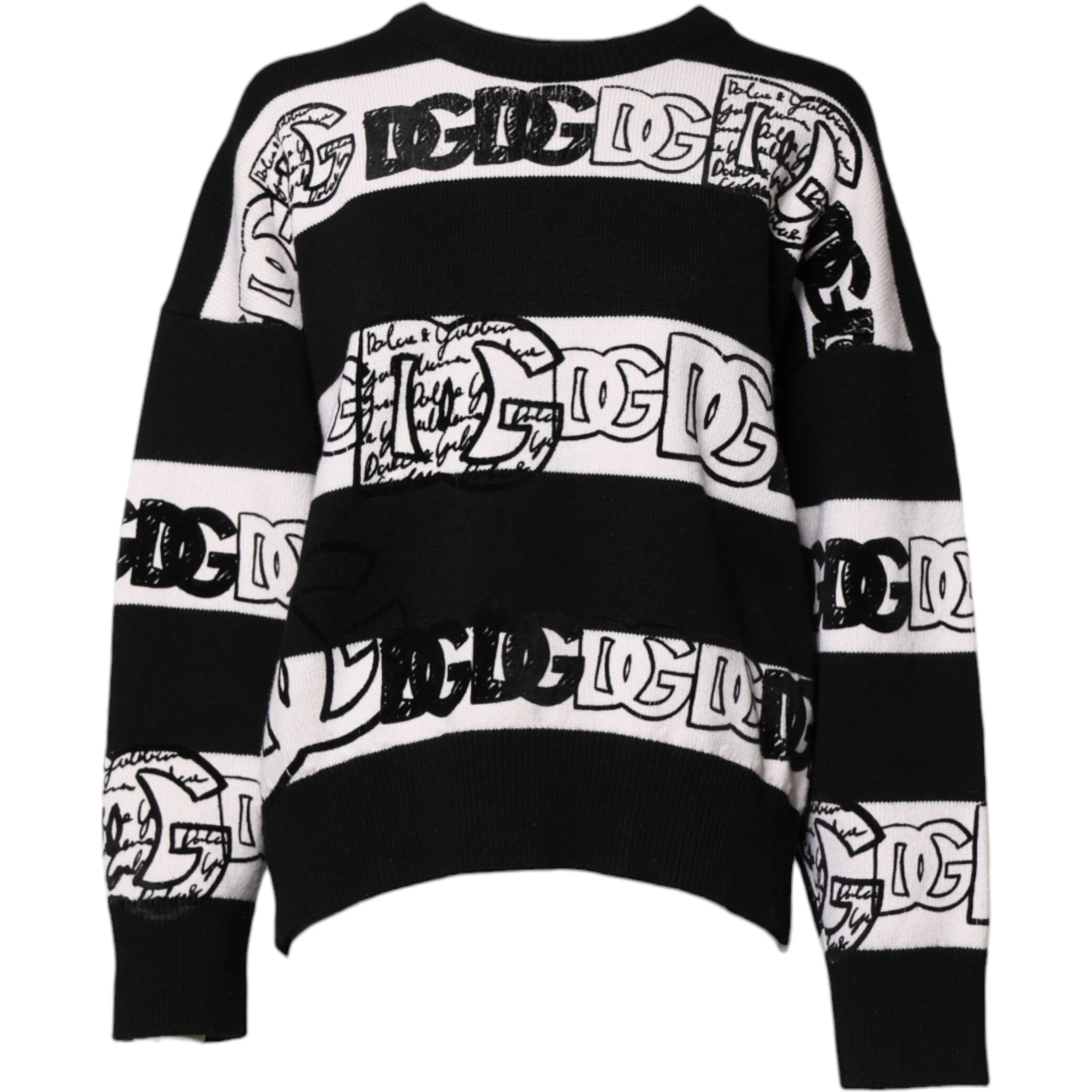 Black White Logo Print Wool Pullover Sweater