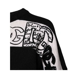 Black White Logo Print Wool Pullover Sweater