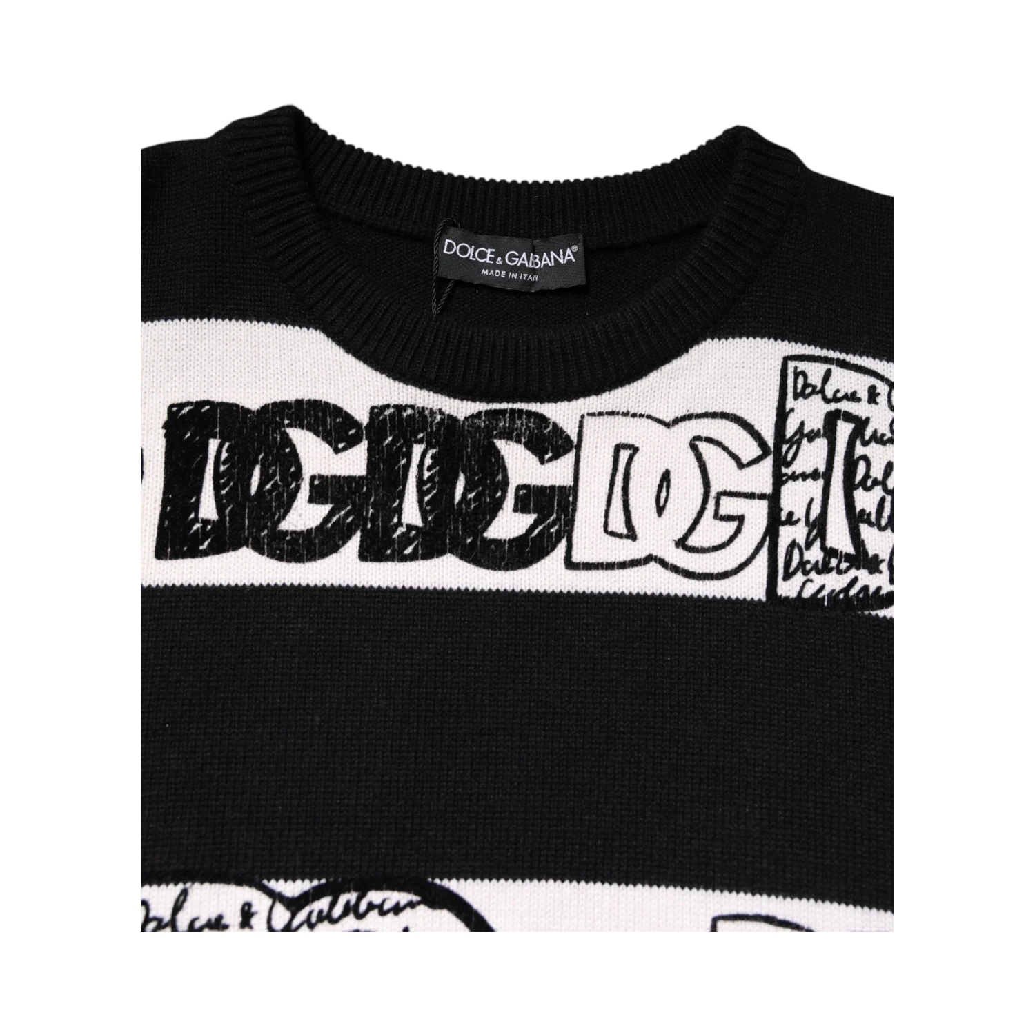 Black White Logo Print Wool Pullover Sweater