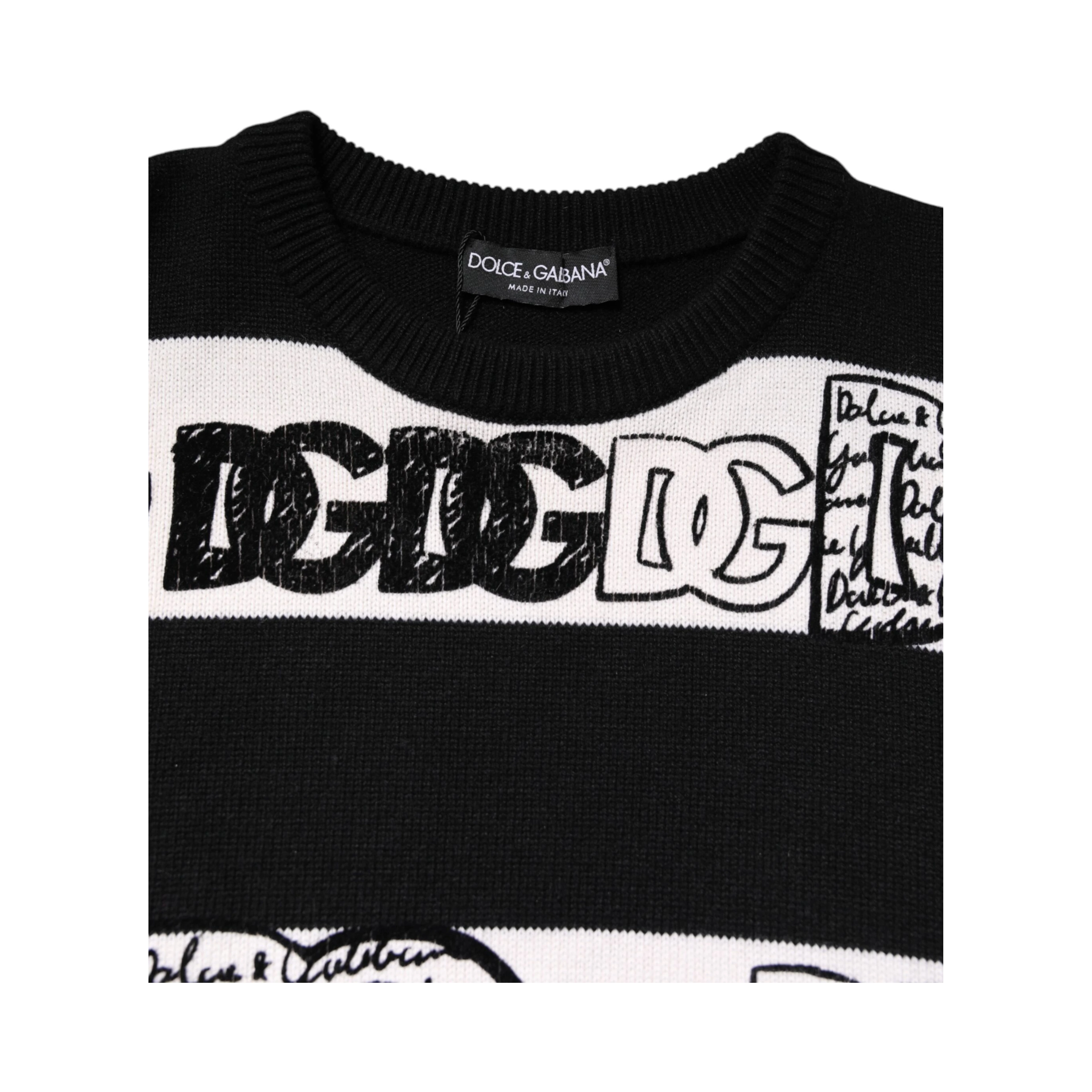 Black White Logo Print Wool Pullover Sweater