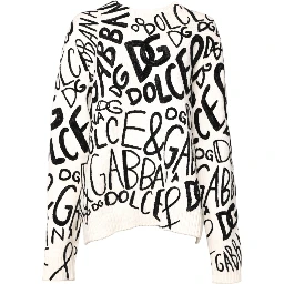 White Black Logo Print Women Pullover Sweater