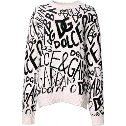 White Black Logo Print Women Pullover Sweater