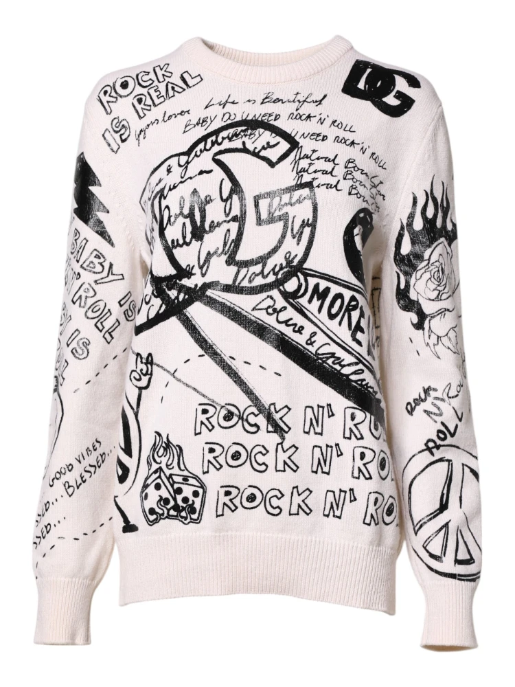 White Black Logo Print Women Pullover Sweater