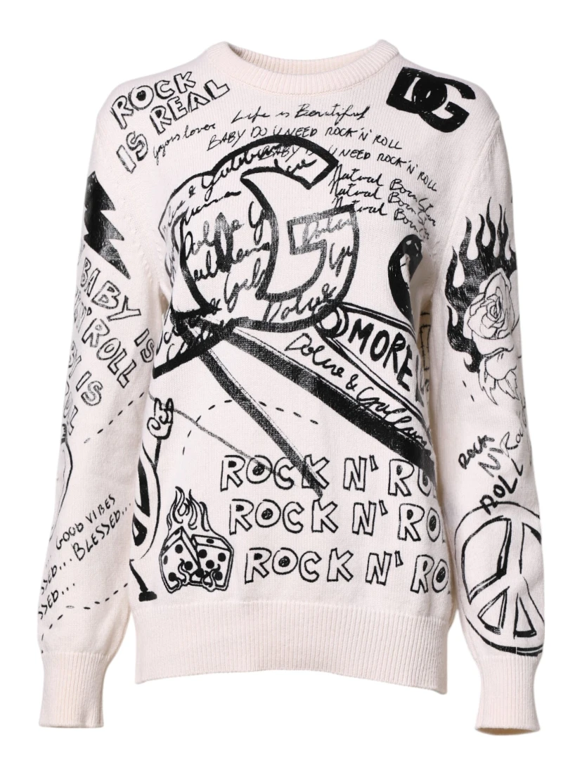 White Black Logo Print Women Pullover Sweater