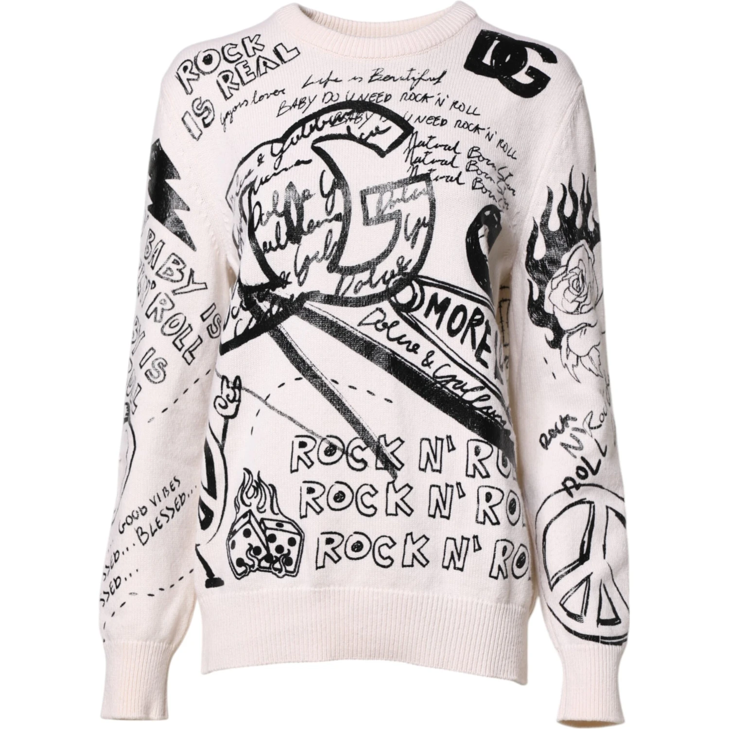 White Black Logo Print Women Pullover Sweater