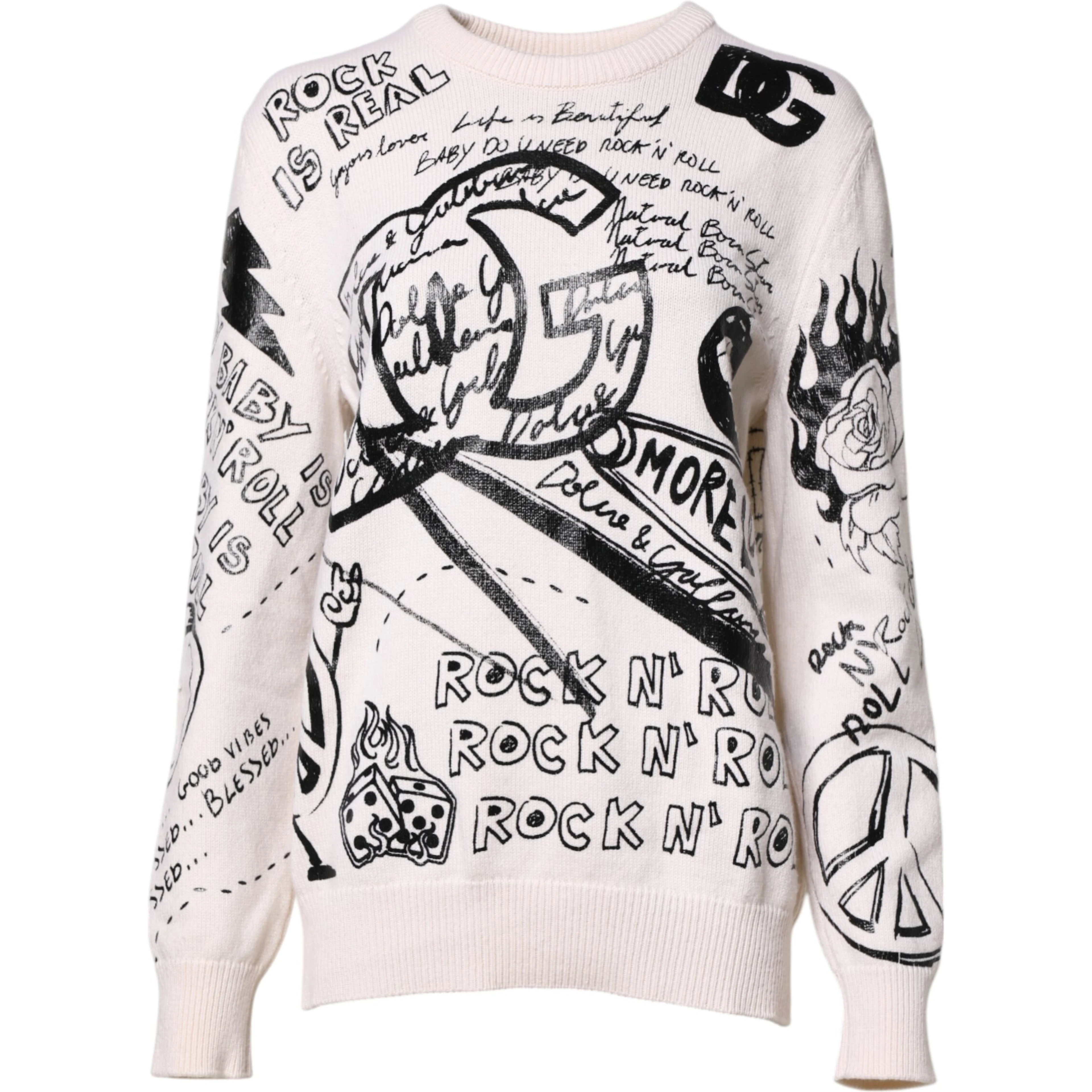 White Black Logo Print Women Pullover Sweater