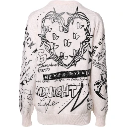 White Black Logo Print Women Pullover Sweater