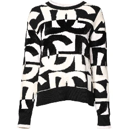 White Black Logo Print Women Pullover Sweater