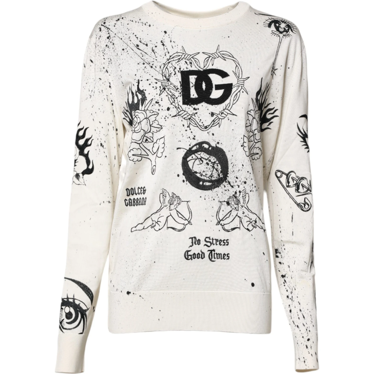 White Logo Angel Print Women Pullover Sweater