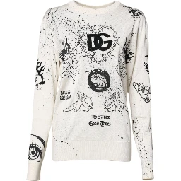 White Logo Angel Print Women Pullover Sweater