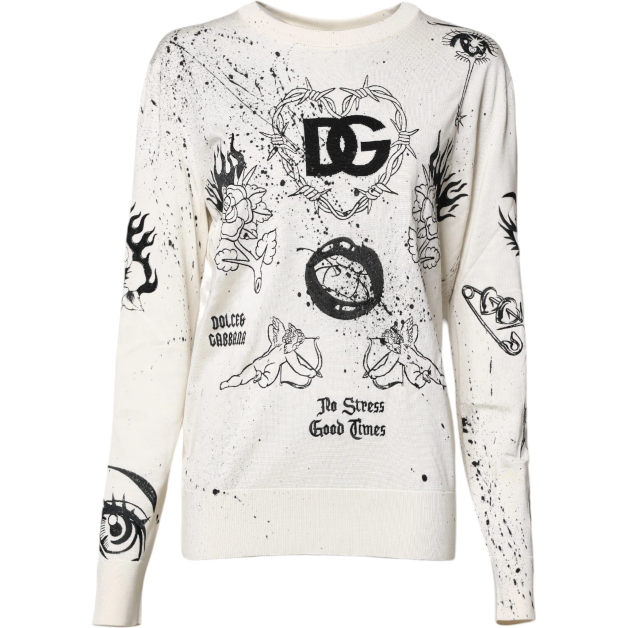 White Logo Angel Print Women Pullover Sweater