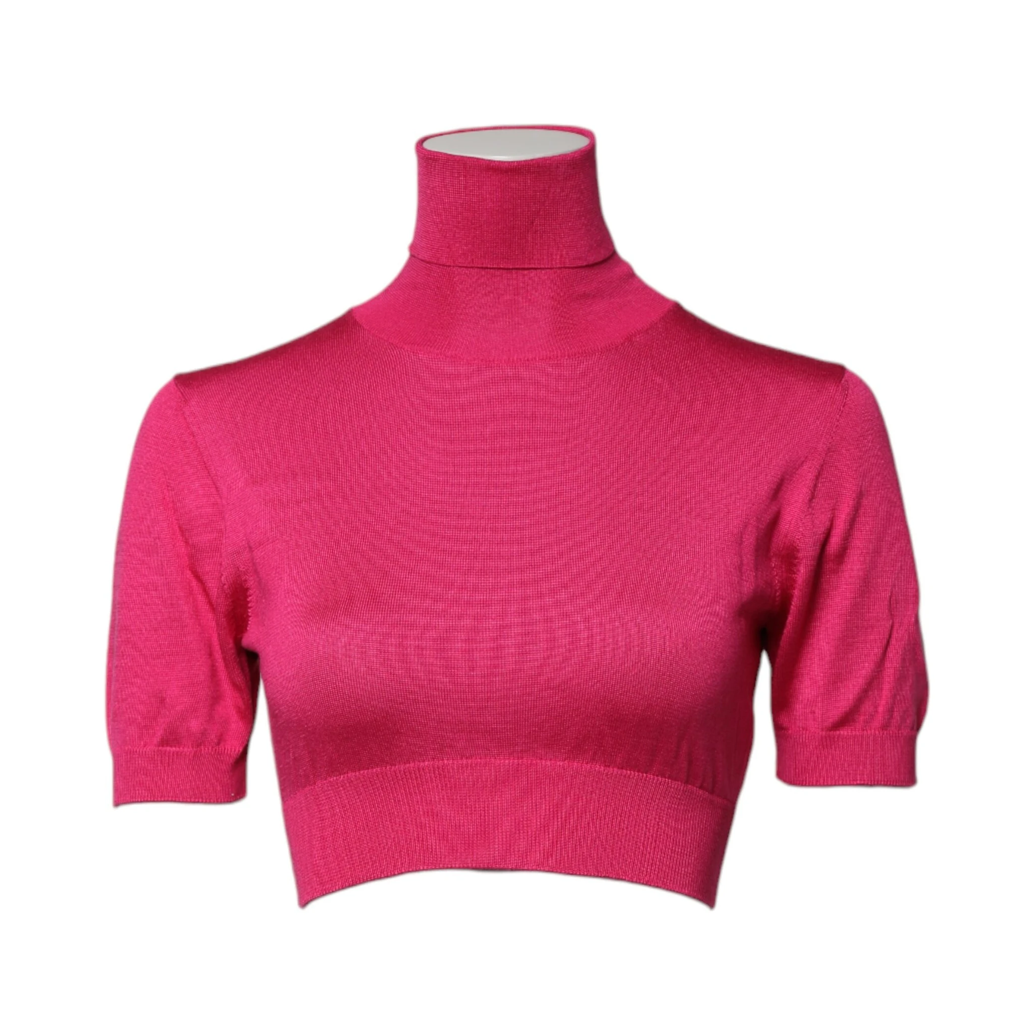 Pink Silk Knitted Turtleneck Cropped Top