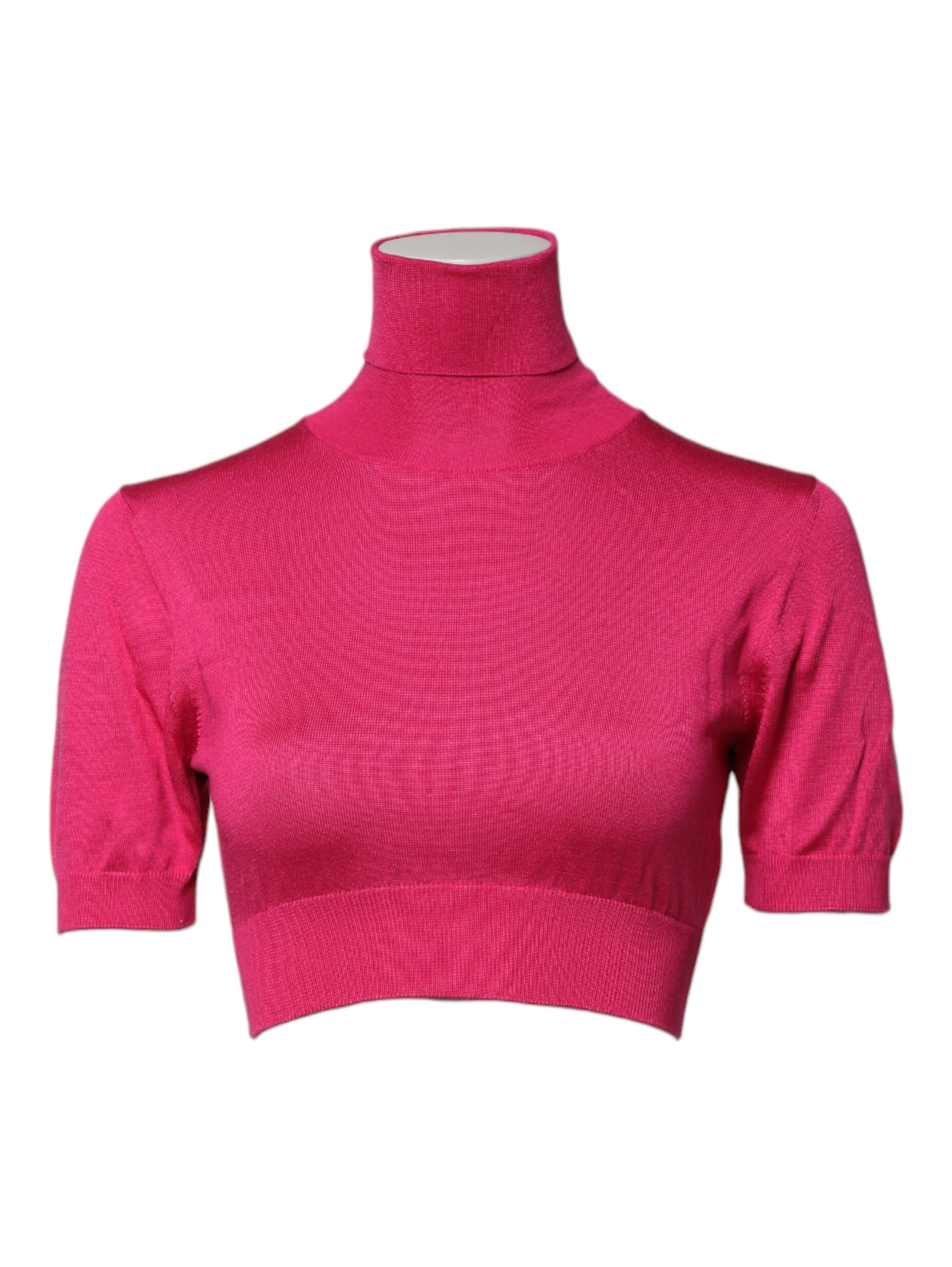 Pink Silk Knitted Turtleneck Cropped Top