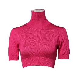 Pink Silk Knitted Turtleneck Cropped Top
