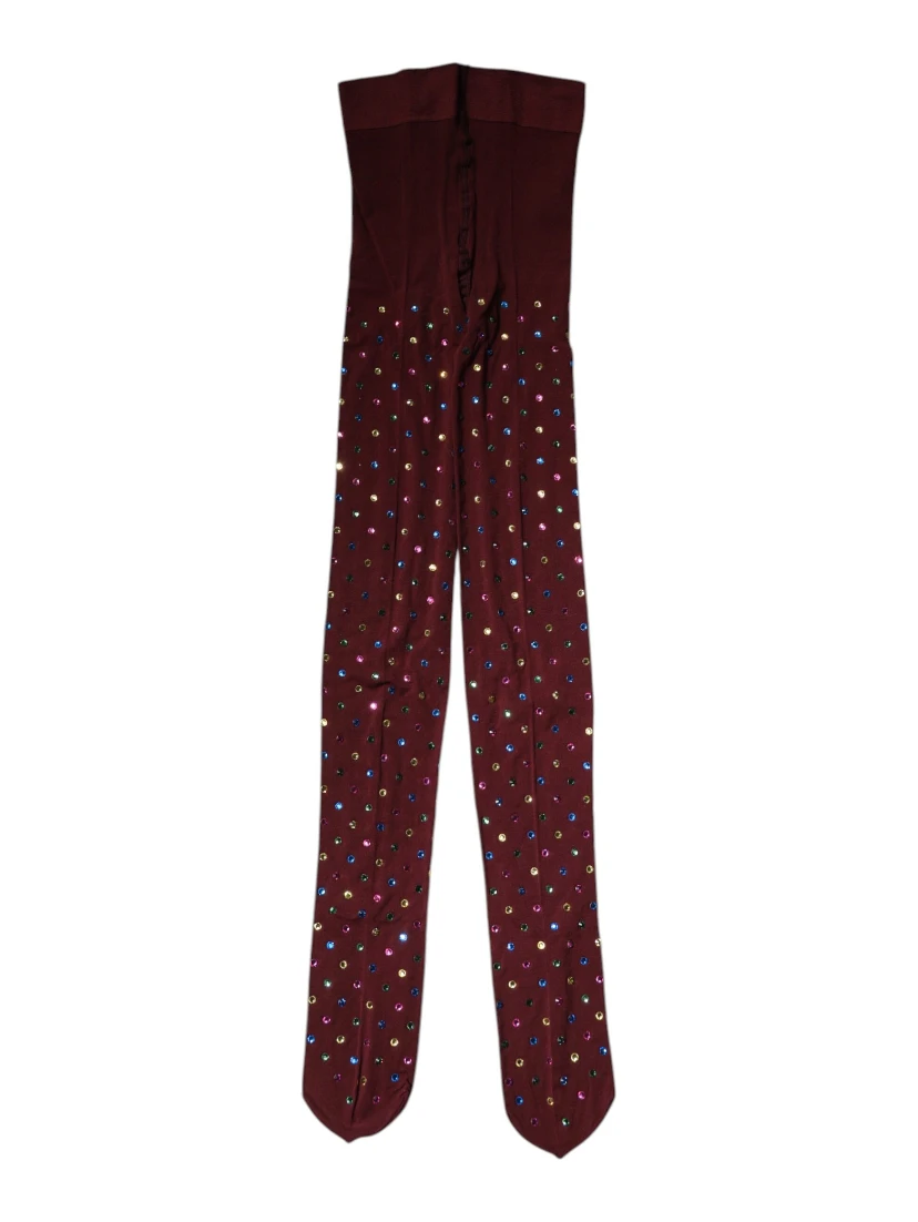 Maroon Nylon Crystal Embellished Pantyhose Tights