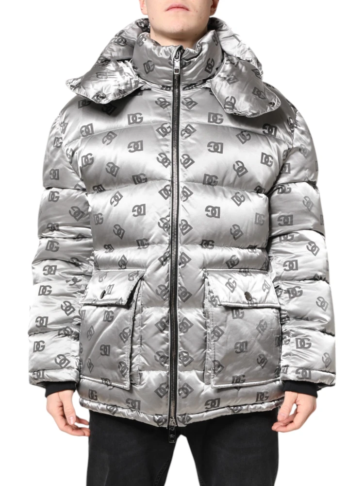 Silver Logo Full Zip Hooded Quilted Jacket
