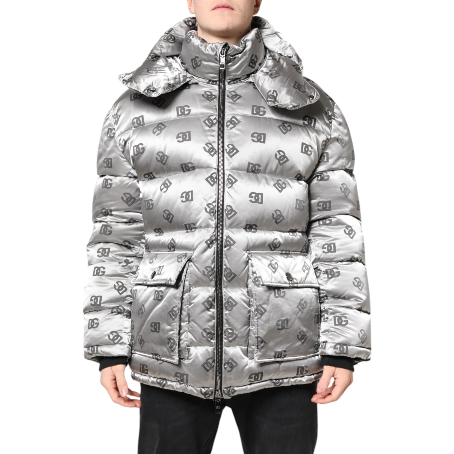 Silver Logo Full Zip Hooded Quilted Jacket