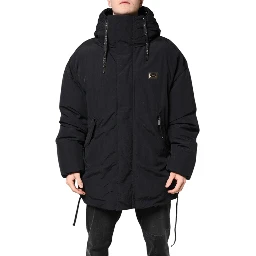 Black Nylon Full Zip Hooded Parka Jacket
