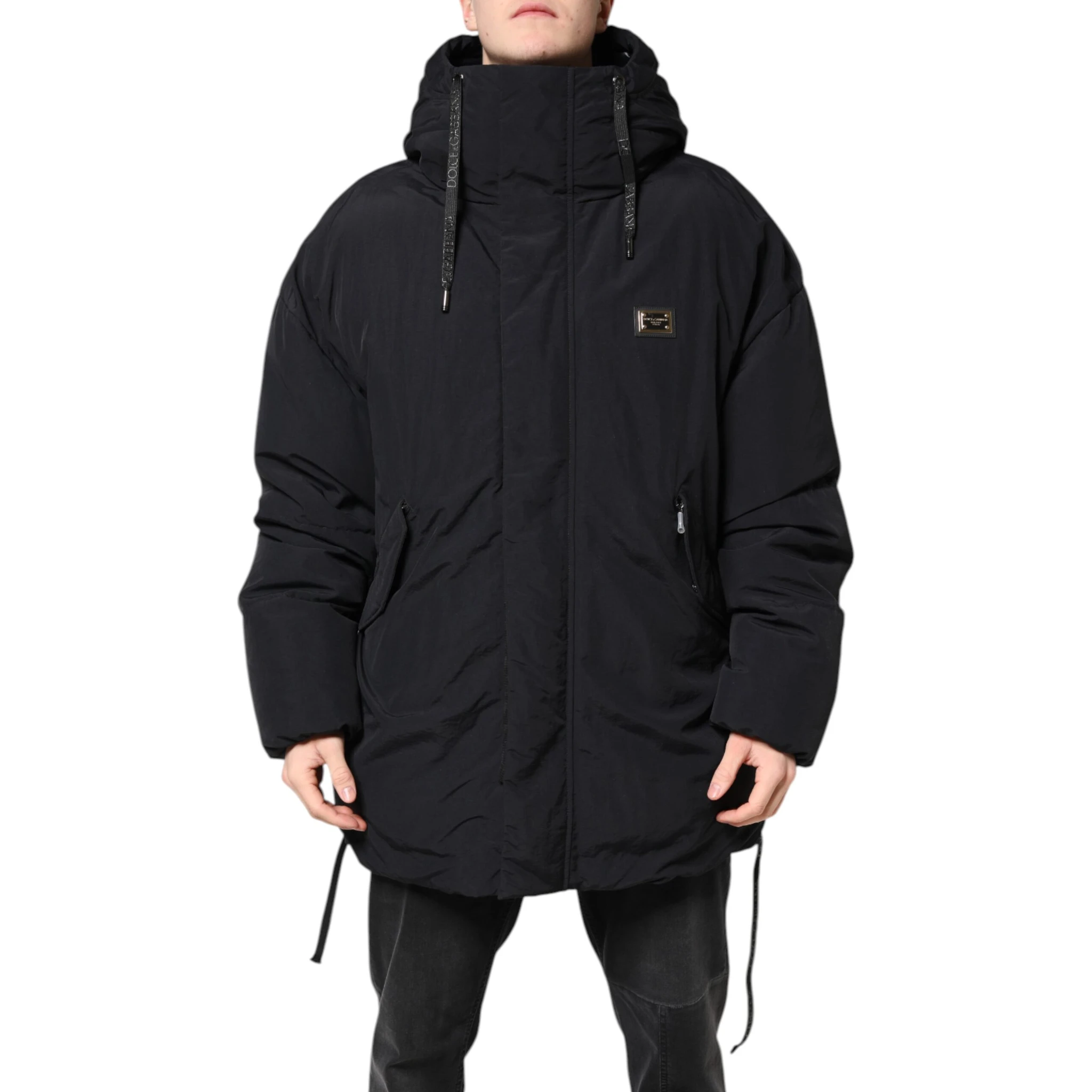Black Nylon Full Zip Hooded Parka Jacket