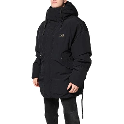 Black Nylon Full Zip Hooded Parka Jacket