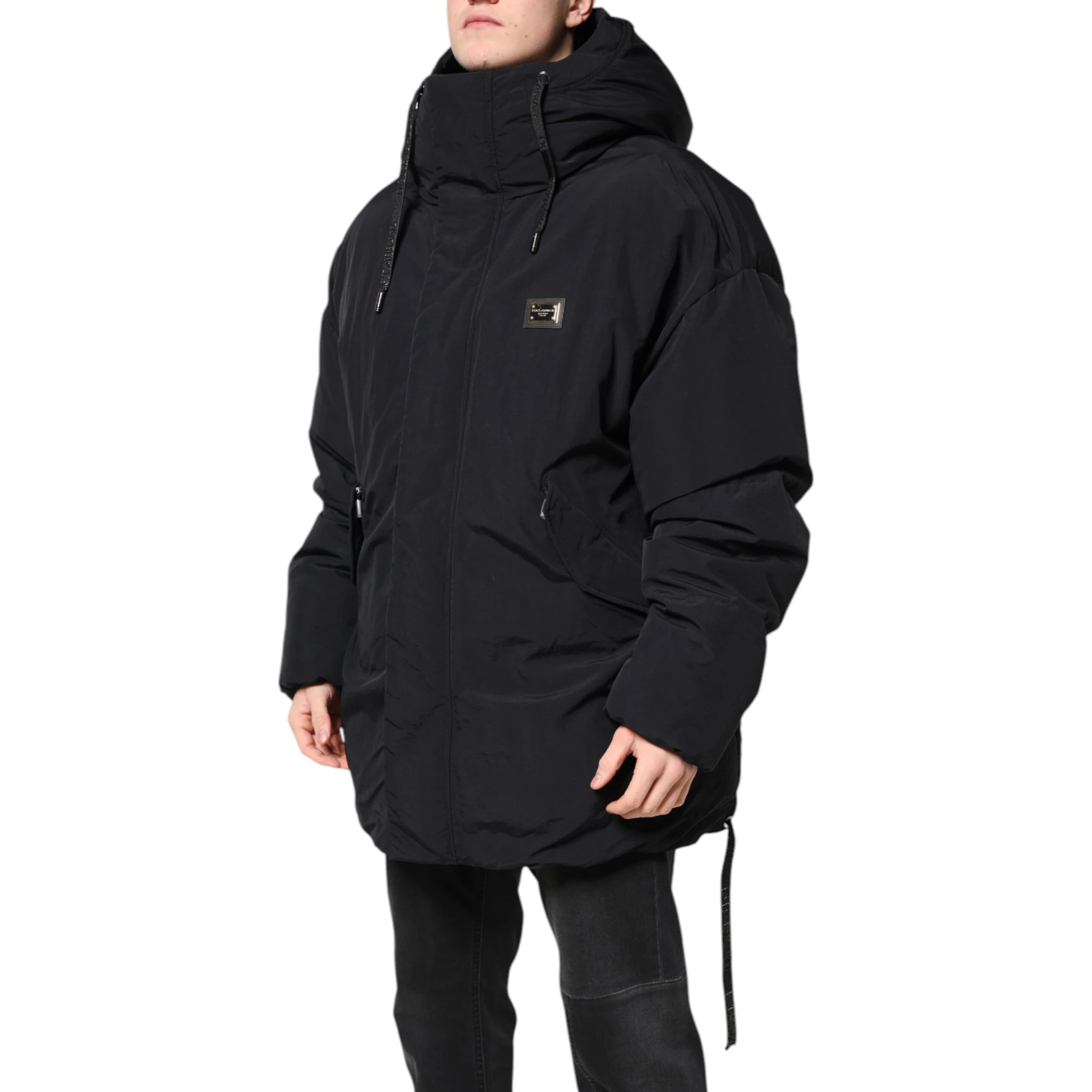 Black Nylon Full Zip Hooded Parka Jacket