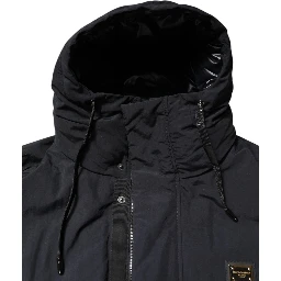 Black Nylon Full Zip Hooded Parka Jacket