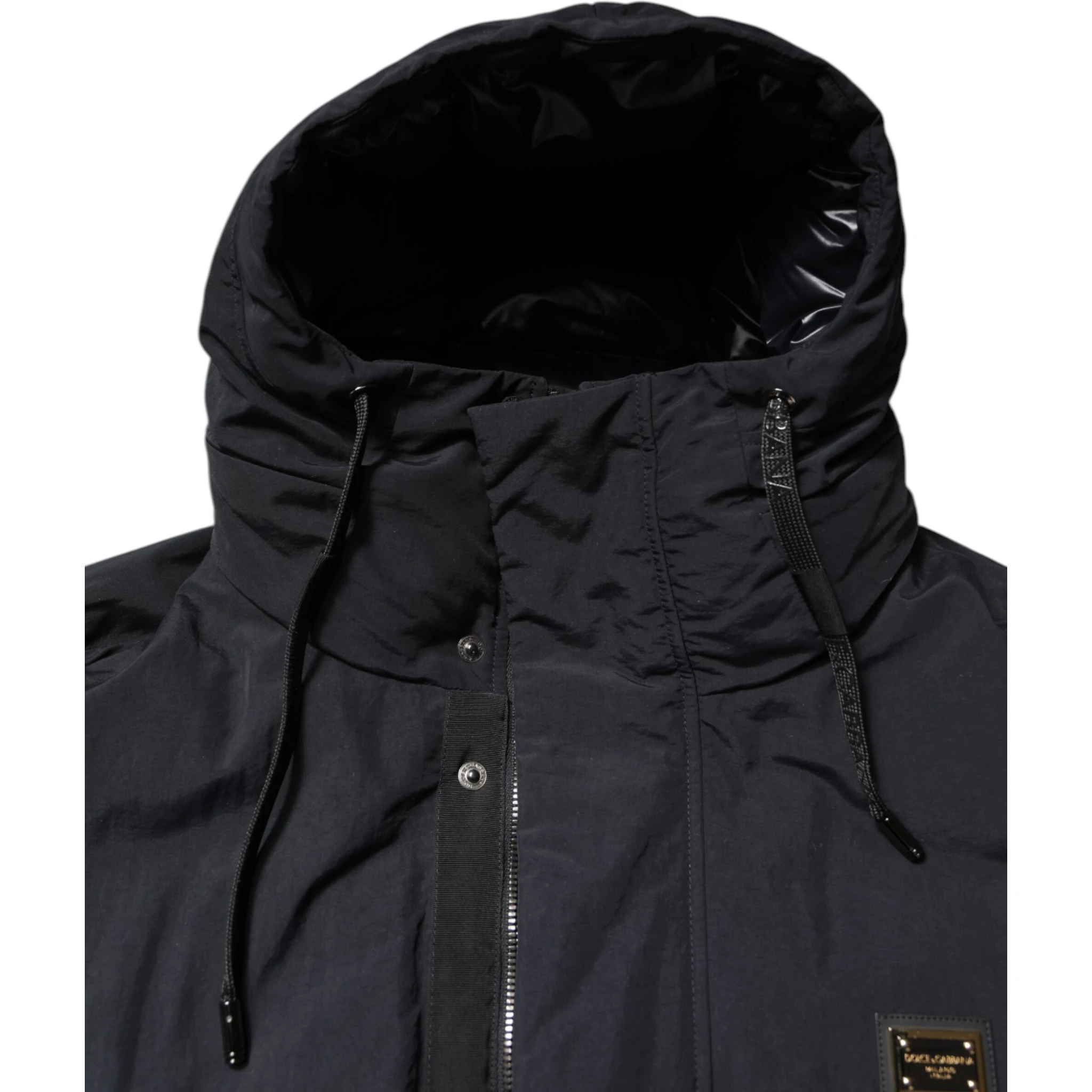 Black Nylon Full Zip Hooded Parka Jacket