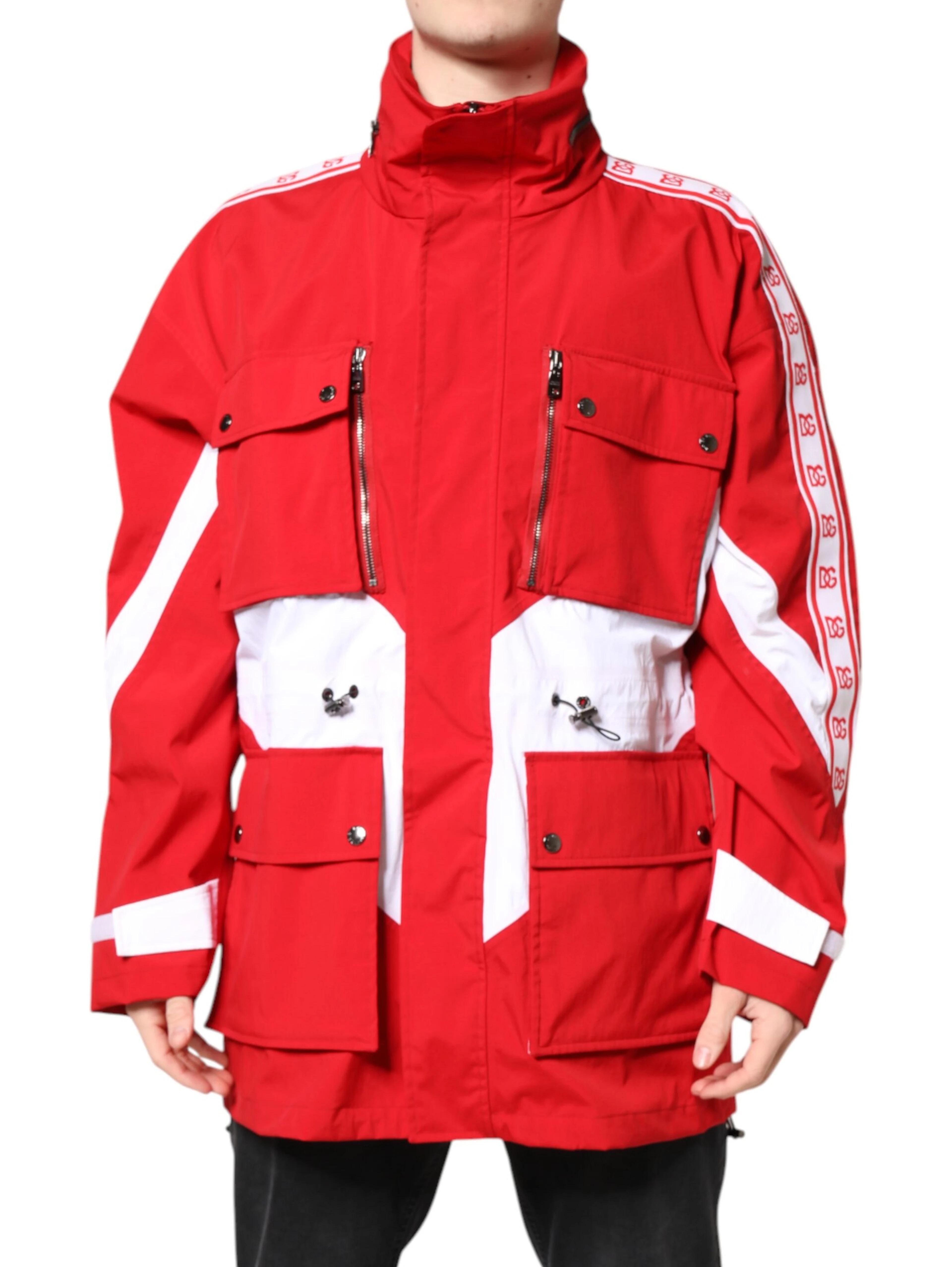 Red White Nylon Full Zip Windbreaker Jacket