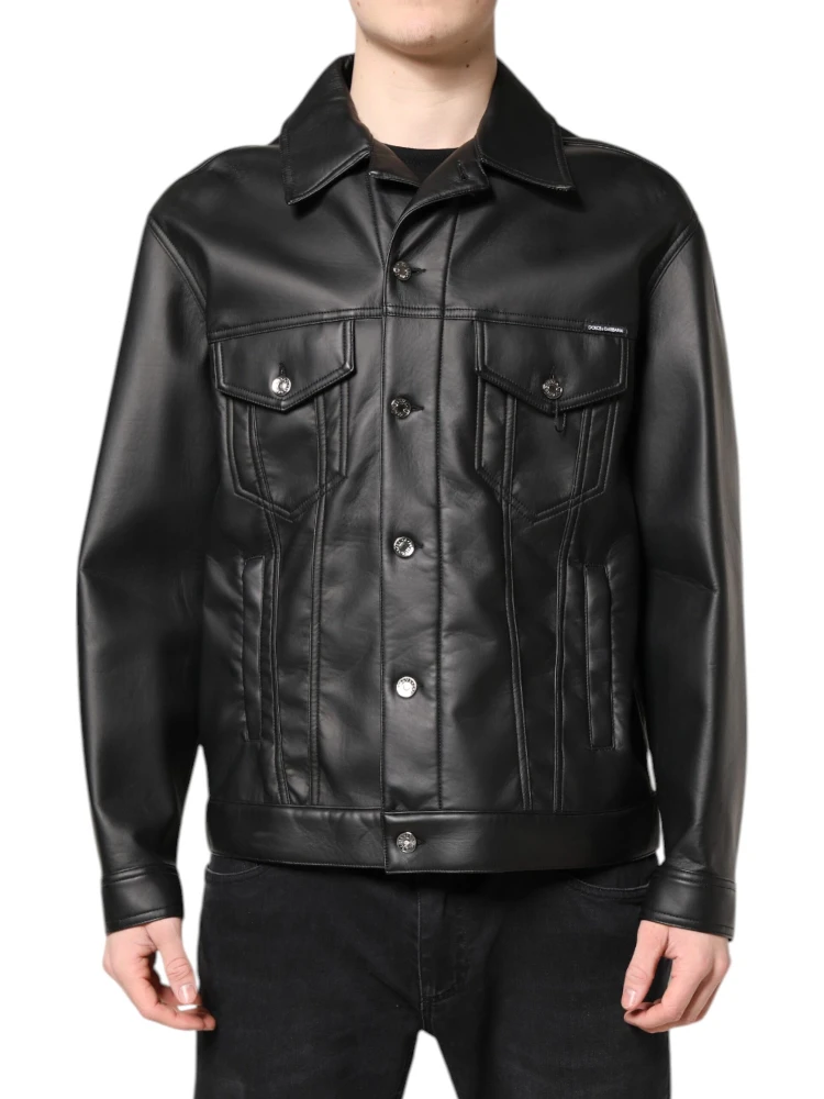 Black Polyester Button Down Biker Jacket