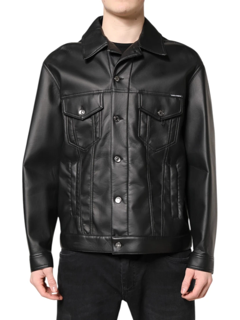 Black Polyester Button Down Biker Jacket