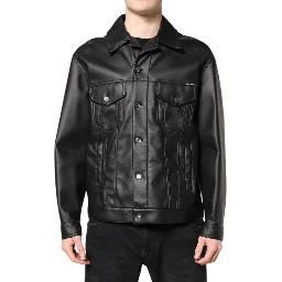 Black Polyester Button Down Biker Jacket