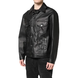 Black Polyester Button Down Biker Jacket