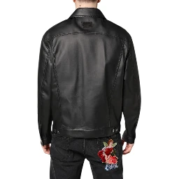 Black Polyester Button Down Biker Jacket