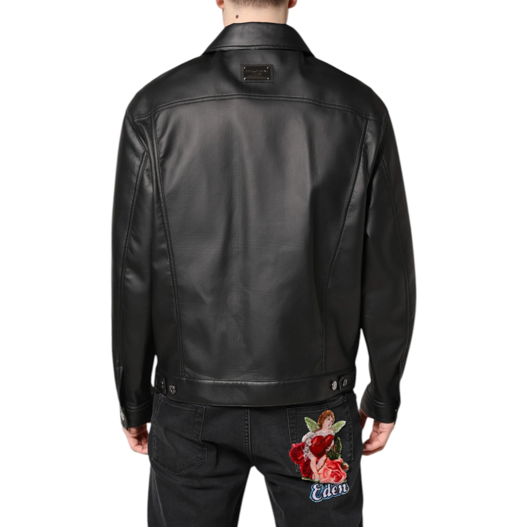 Black Polyester Button Down Biker Jacket
