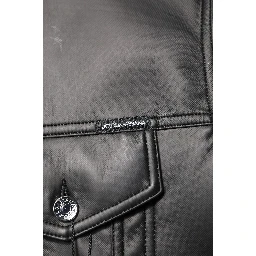 Black Polyester Button Down Biker Jacket